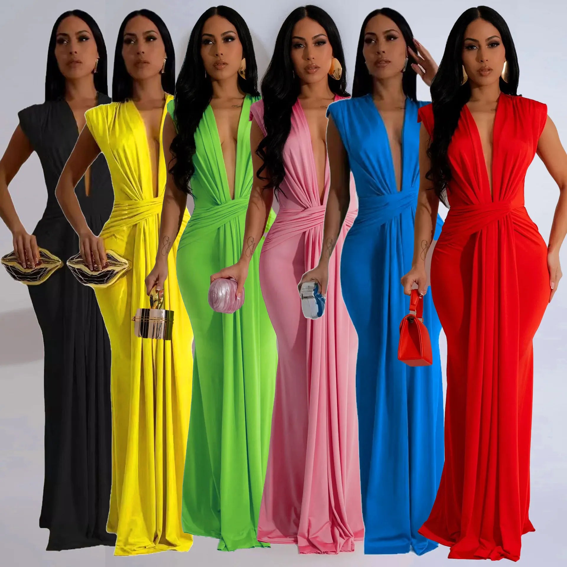 Women Chiffon Pleated Dress High Waist Floor Length Long Sleeve Deep V Neck Yellow Elegant for Evening Party Night Long Dresses