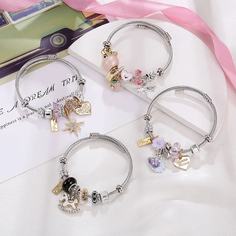 DIY Stainless Steel Charm Bracelet  Star  Love Crown pony Beads Bracelets Jewelry  Accessories Wholesale for Women Girls