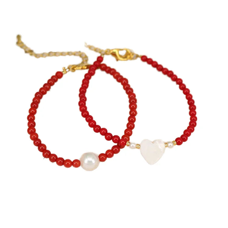 BB1038 Adjustable Gifts Bracelets Dainty Tiny 4mm Genuine Red Coral Beaded Freshwater Pearl White Shell Heart Women's Bracelet