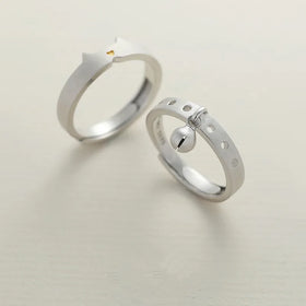 Trendy Platinum Plated Romantic Couple Ring Cat Ear Bell Open Index Finger Zircon Ring Couple Jewelry for Women Men Wedding Ring