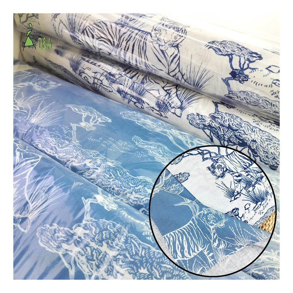 Ready for Delivery Organic 55% Linen 45% Cotton Blended Fabric White & Blue Tigers Printed Woven for Shirts for Clothing