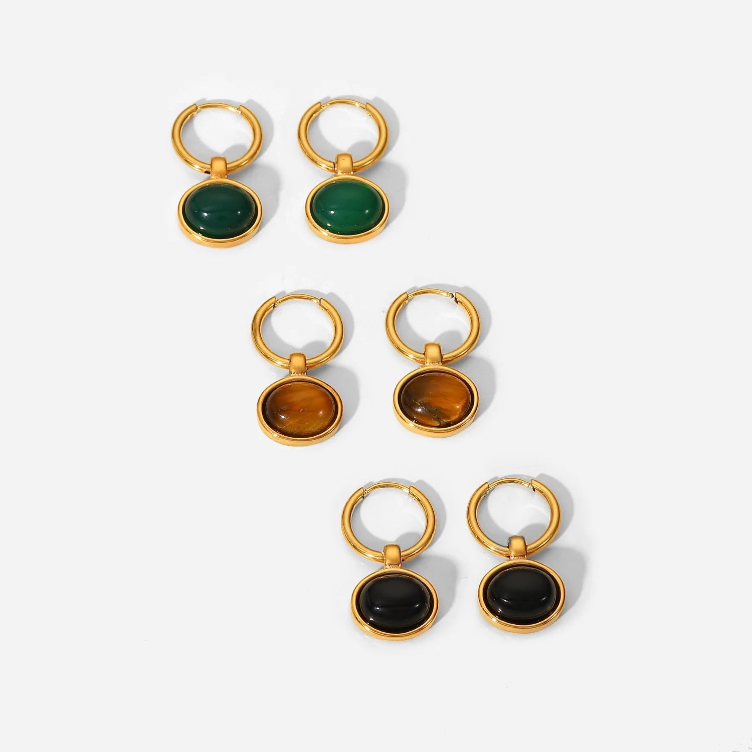 Drop Shipping New Trendy 18k Gold Pvd Plated Stainless Steel Earrings Jewelry Oval Pendant Natural Agate Hoop Earrings for Women