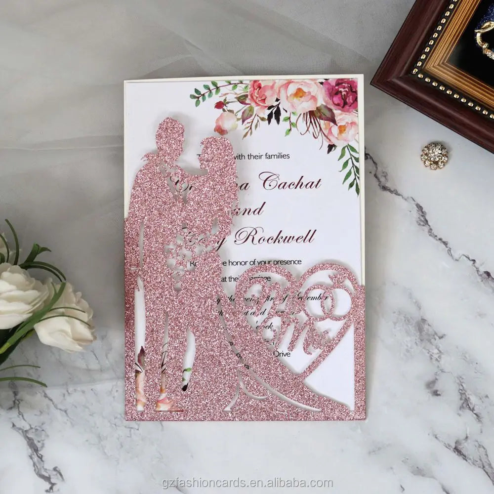Laser Cut Glitter  Marriage Invitation Cards Glitter Paper Invitations and Custom Laser Cut Glitter Wedding Invitation Cards