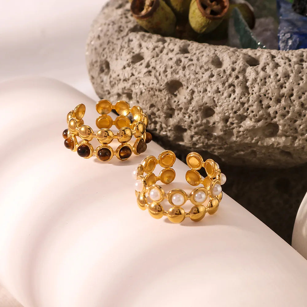 DAIHE Double Layers Natural Stone Stainless Steel Real Gold 18K Gold Plated Open Ring Fresh Water Pearl Inlaid Ring Set Jewelry