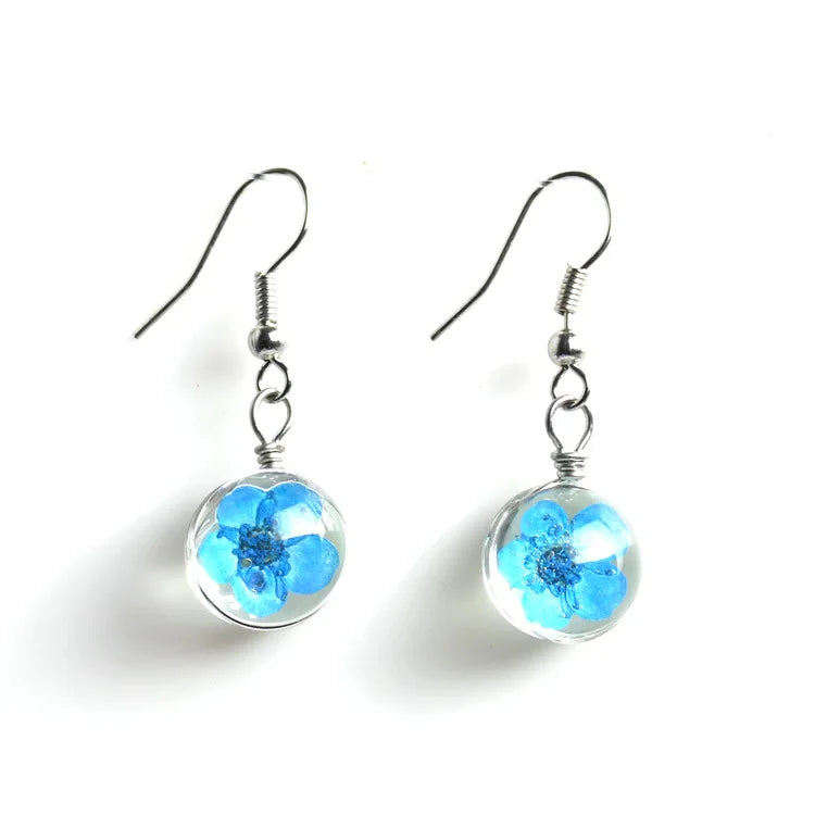 Personalized Transparent Hook Dangle Enamel Acrylic Resin Real Flower Crystal Ball Pendant Botanical Piercing Jewelry Earrings