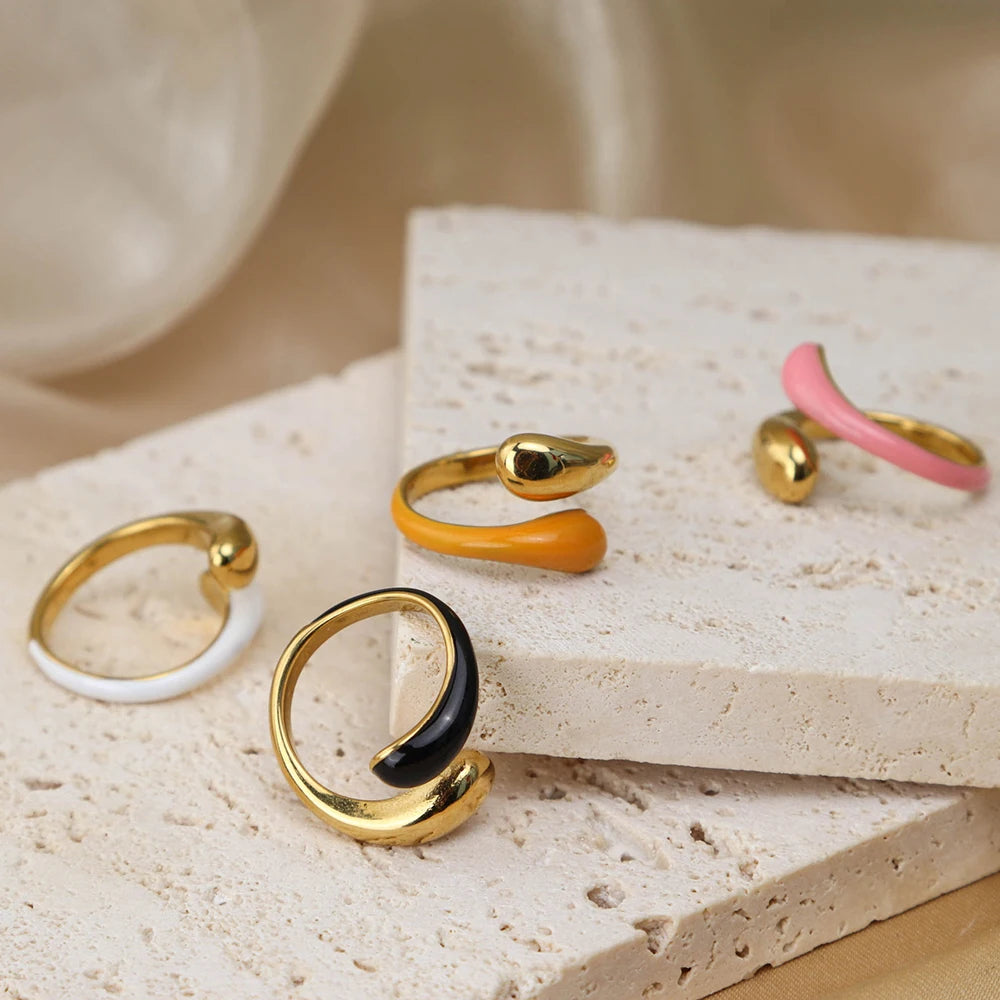 Chris April 18k Gold Plated Stainless Steel Drop Multi Color Enamel Drip Rings Open White pink Enamel Ring