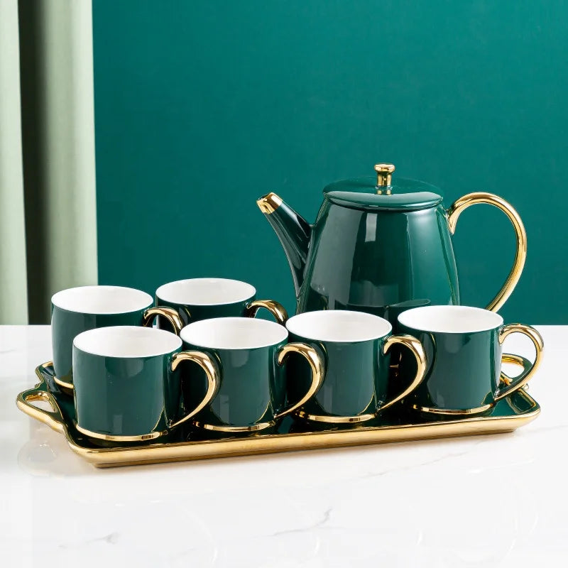 Popular Color Set of 6 Pcs Cup Tea Pot and Tray Glossy Dark Green Ceramic Drinkware Set with Golden Decor Gift Box Packaging