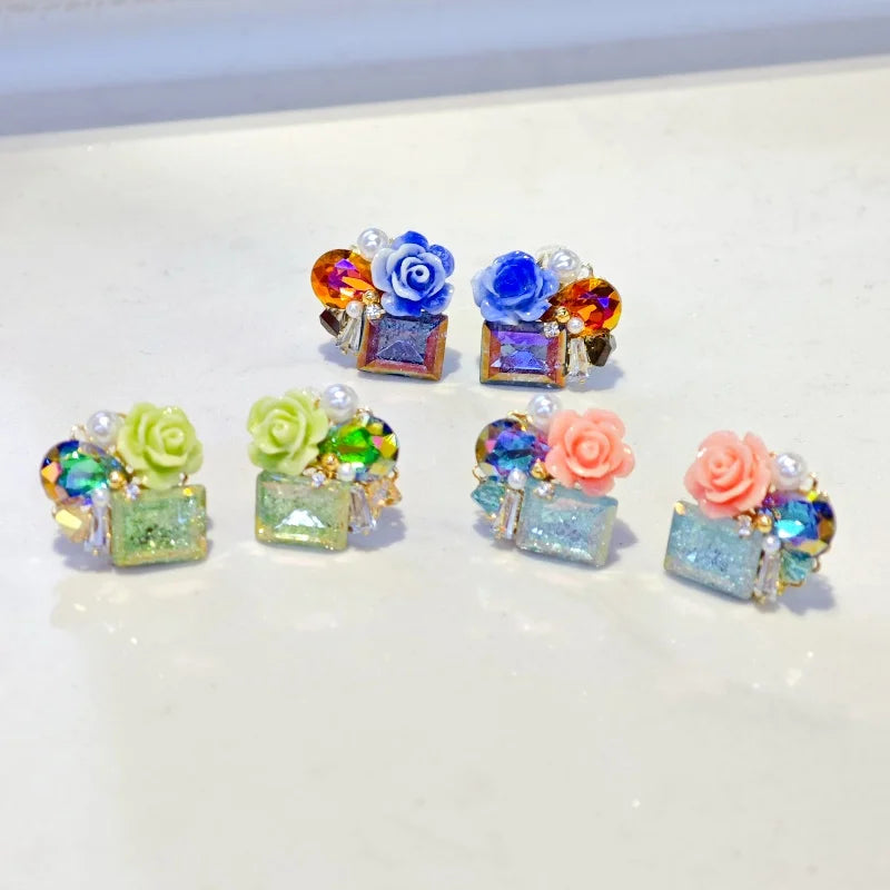 Ilona Cute 3D Rose Flower Stud Earrings 18K Gold Plated Copper Multi-Color Crystal  Pearl  Earrings Kawaii Floral Jewelry Gift