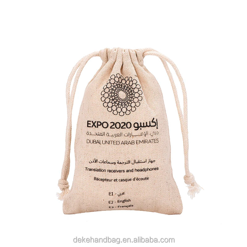 Custom Mini Eco-Friendly Cotton Linen Drawstring Gift Giveaway Pouch Bag for Trade Expo