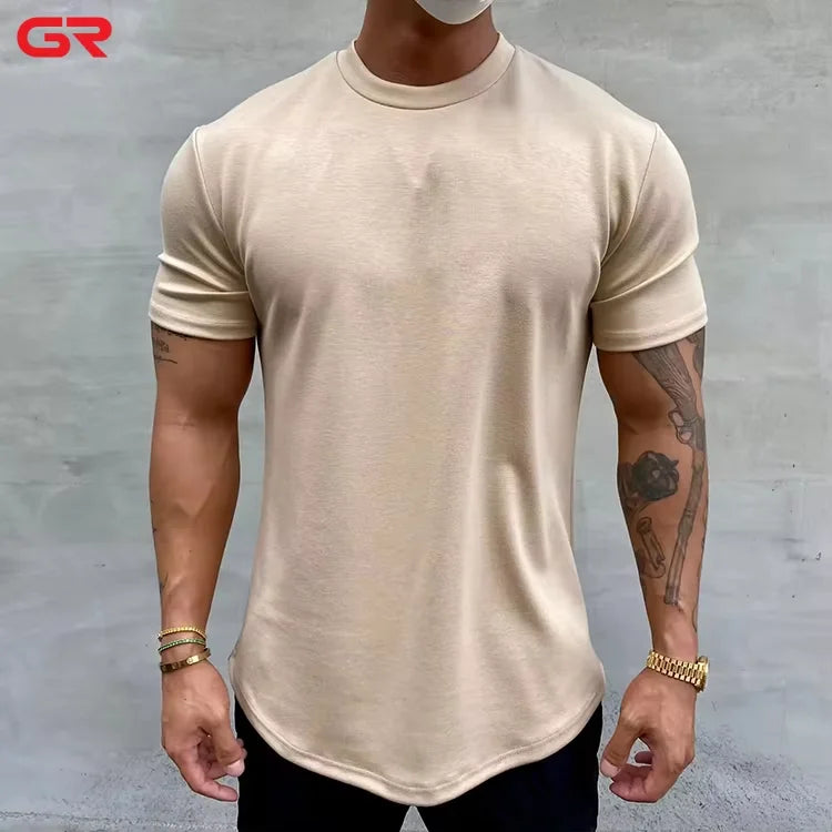 Custom Logo Printed Men's Gym T-Shirt Breathable High Stretchy Cotton Short Sleeve Scoop Hem Solid Pattern Screen Jersey