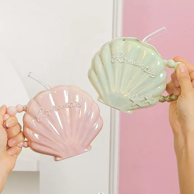 New Hot Selling Pearl Shell Shaped Ceramic Cup Pearl Glaze Creative Straw Cup