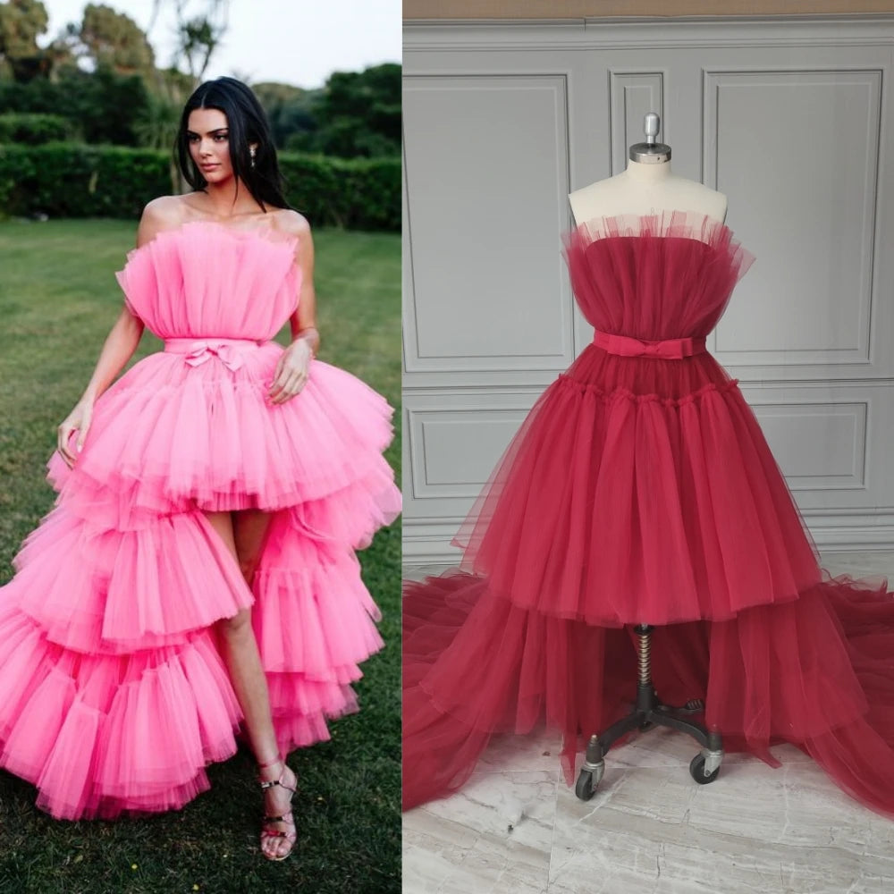 14066# Real Photos Strapless Tiered Tulle High Low Quinceanera Tutu Ball Gown Evening Prom Party Dress for Women