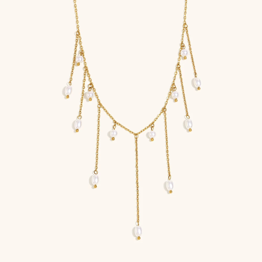 Dingran N3616 316L Stainless Steel Tassel Necklace with Artificial Pearls Tassel Chic and Durable Jewelry