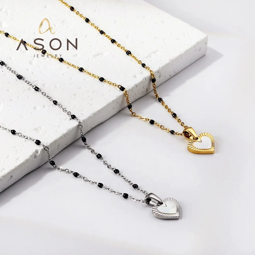 Ason 18K Gold Plating Waterproof Stainless Steel Black Bead Chain Necklace Women Heart Shape White Drop Oil Pendant Necklace