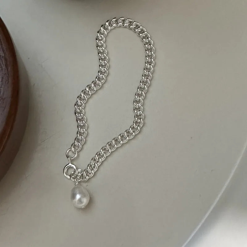 Punk Style 925 Sterling Silver Charm Freshwater Pearl Link Chain Bracelet for Women 2024 New