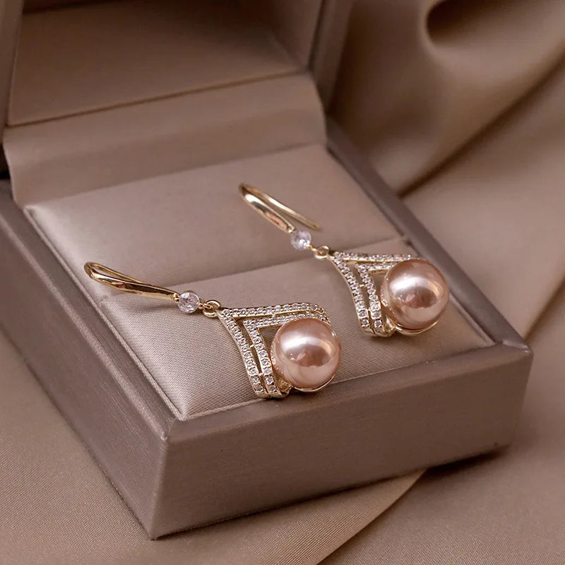 AA016016 Korean Style Pearl Jewelry Women Diamond Geometric Ear Hook Baroque Dangle Earrings Girls Jewelry