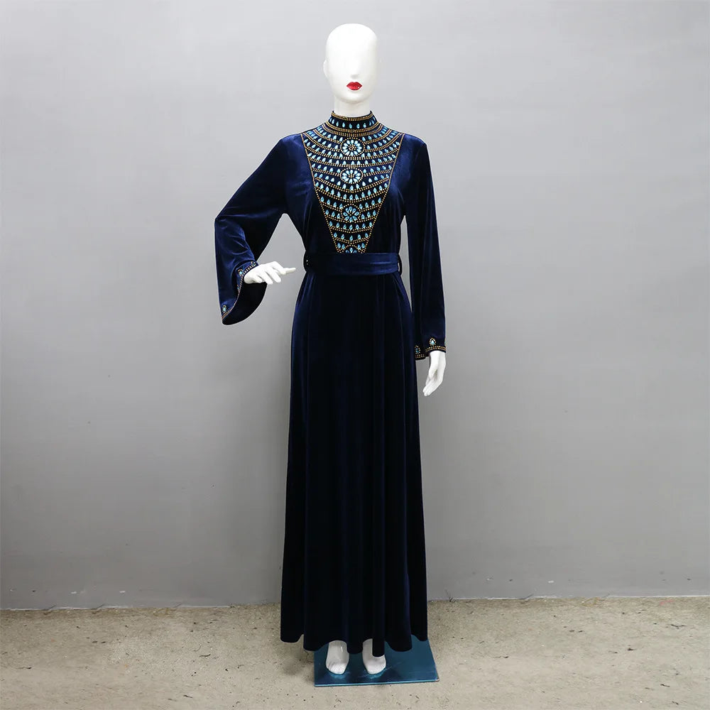 2024 Muslim Dubai Velvet Dinner Dress Robe Blue Water Drop Hot Diamond Women's Clothing