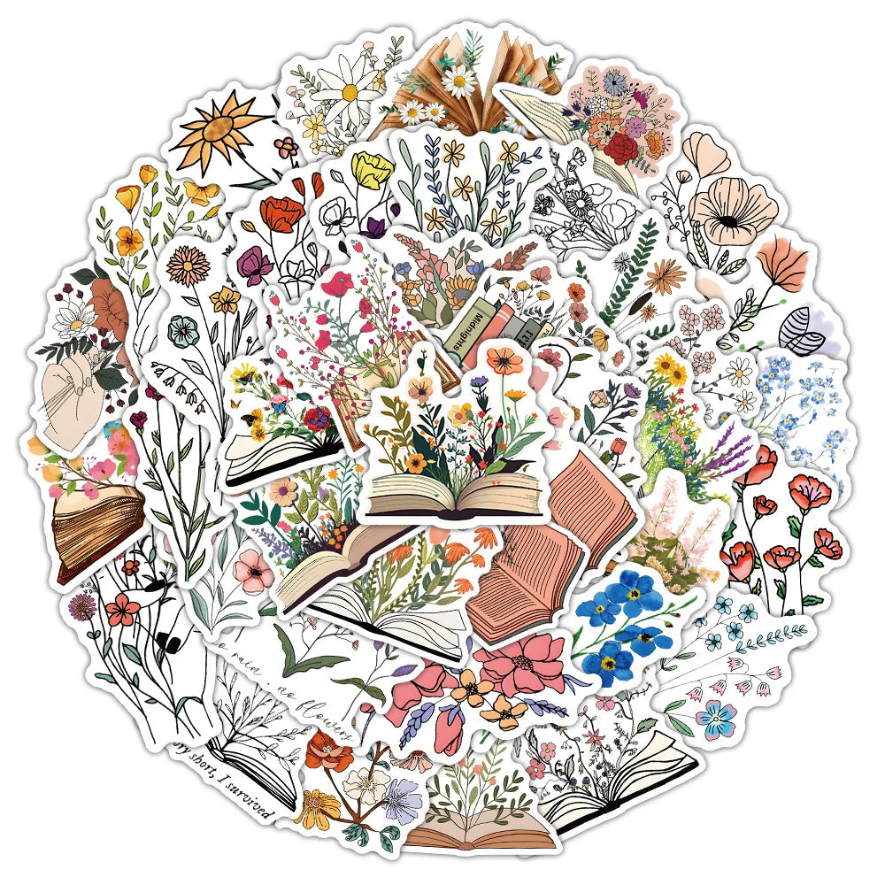 50 Pcs Notebook Flower Graffiti Stickers PVC Waterproof Stickers for Skateboard Laptop Table Refrigerator Table and Books