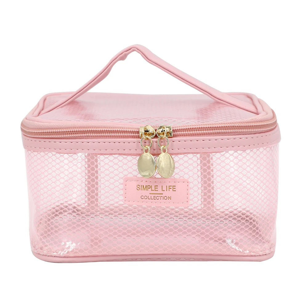 Hot Pink Waterproof Portable Transparent Makeup Toiletry Packaging Cosmetic Bag Large Double Zippers EVA Net PVC Organizer case