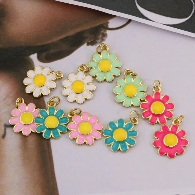 JS1586 Dainty 18k Gold Plated Brass Colorful Enamel Pacman Sun Flower Daisy Flower Charms