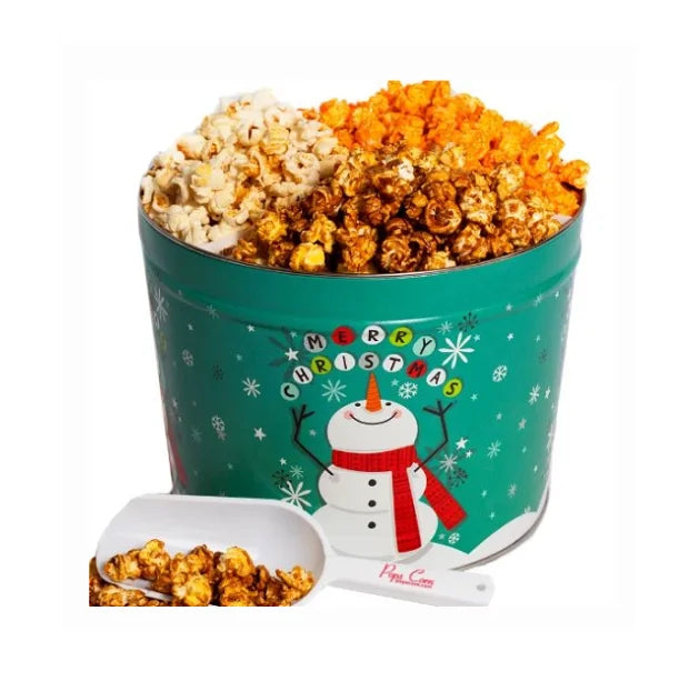 Custom Large Food Grade Airtight Metal Popcorn Tins Bucket Container Snow Holidays Empty Christmas Round Popcorn Tin MegaBDM