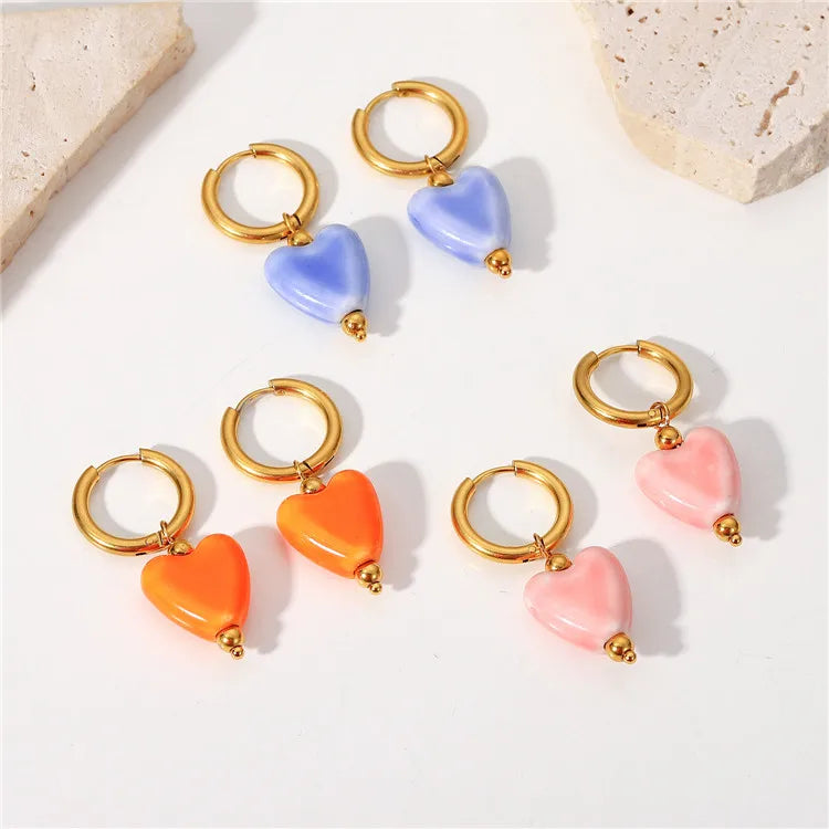 SP Wholesale Heart Shape Earrings Hoops Stainless Steel 18K Gold Plated Ceramic Clay Heart Hoop Earrings for Women