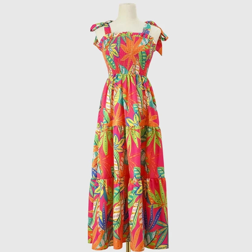 S-2XL Tourism Vacation Summer New Strapless Waist Cinching Large Hem Printed Dress