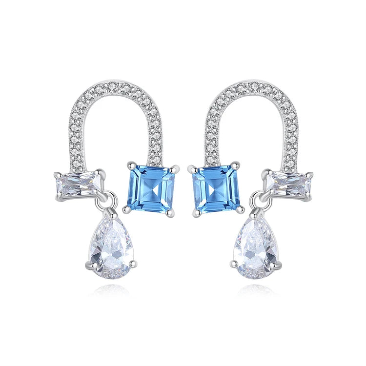 Fine Jewelry 925 Sterling Silver Blue Topaz Women Fashion Gemstone Stud Earrings