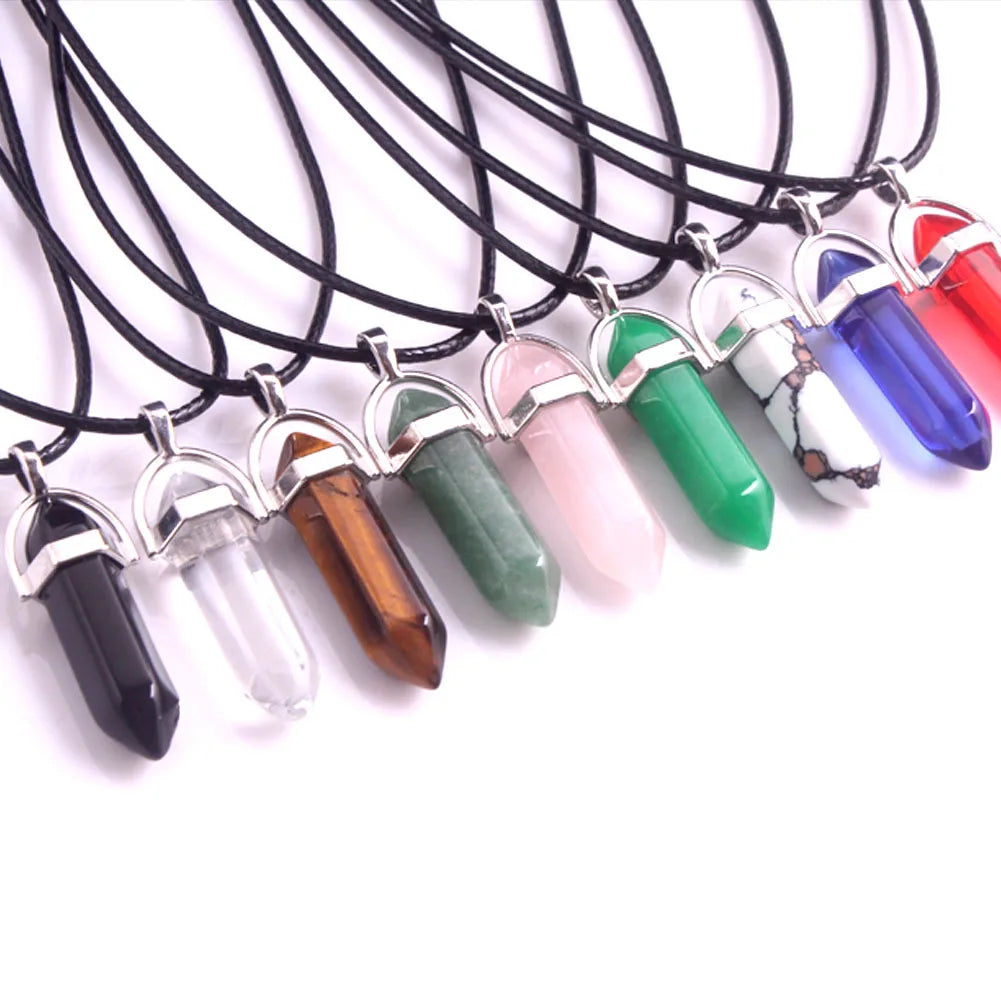 Stone Glass Crystal Pendant Amethyst Tiger Eye Stone Bullet Pendant Necklace Black Wax Rope Necklace