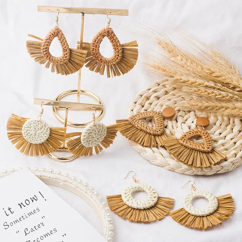 HOVANCI Korean Retro Female Statement Rattan Earrings 6 Fashion Earrings Rattan Hand-knitted Geometry Rattan Earring