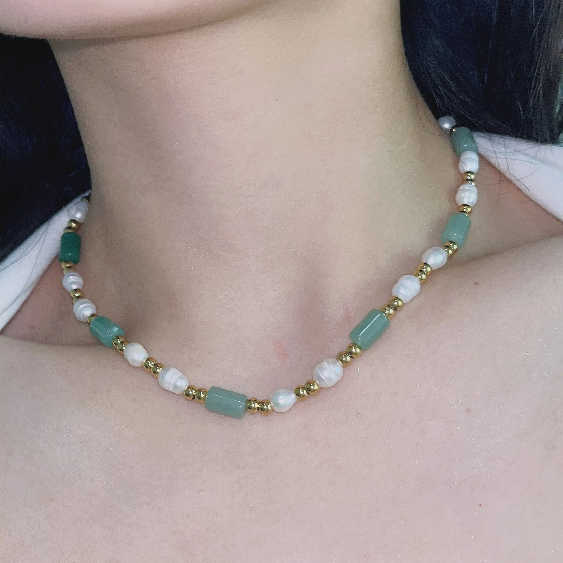 Zooying Freshwater Pearl Necklace Gold Plated Aventurine Gemstone Crystal Craft Jewelry Necklace