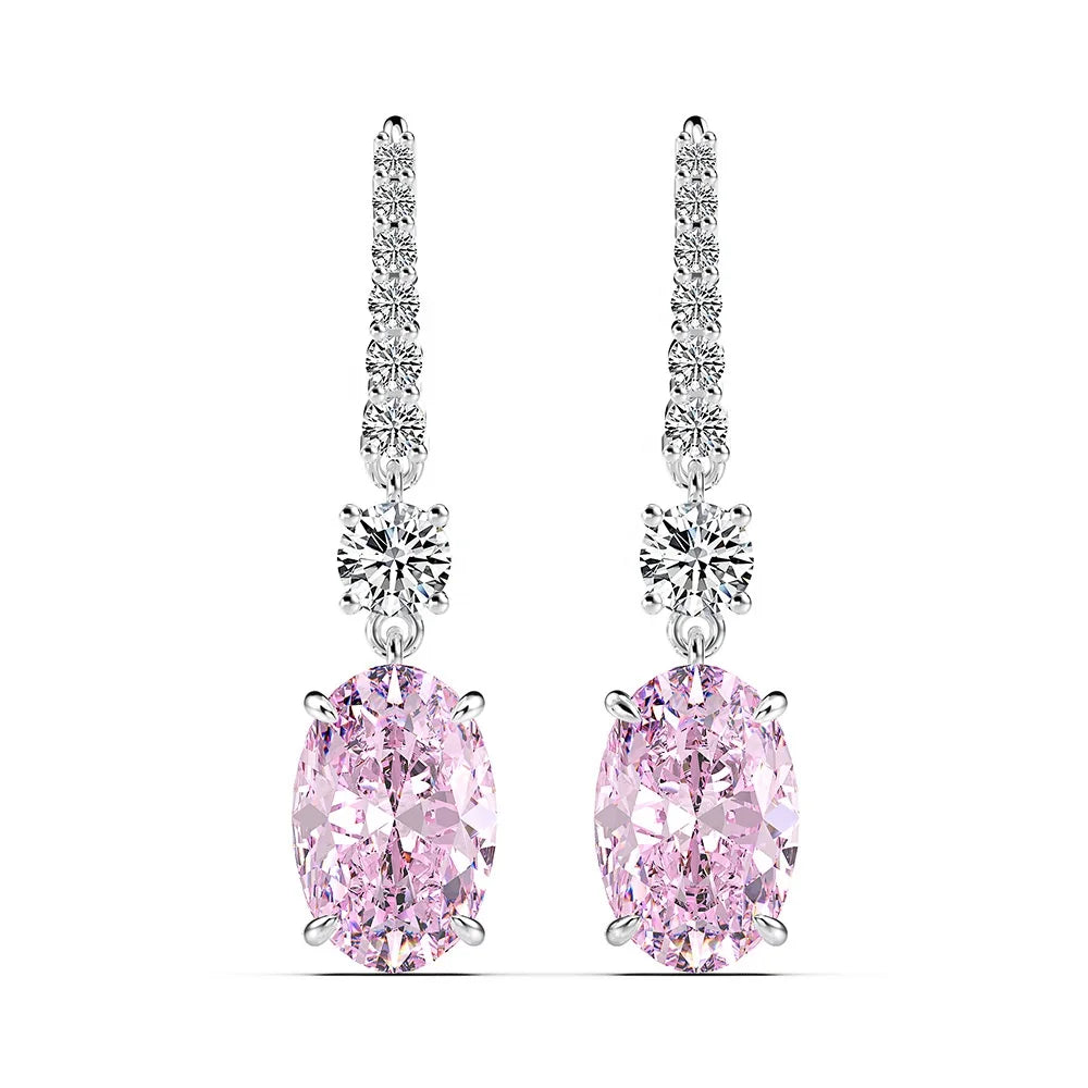 Fashion Jewelry 5A+ Pink Oval Crushed Ice Cubic Zirconia Diamond Drop Hoop Earrings