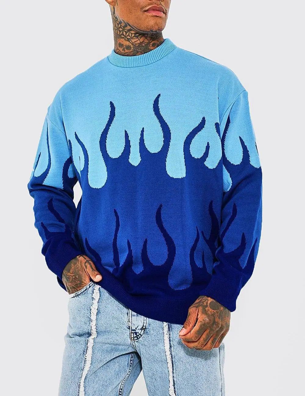 2026 Manufacturers Custom Men's Oversize Flame Printed Knit Sweater Mens Streetwear Pullover Print Fire Sweaters