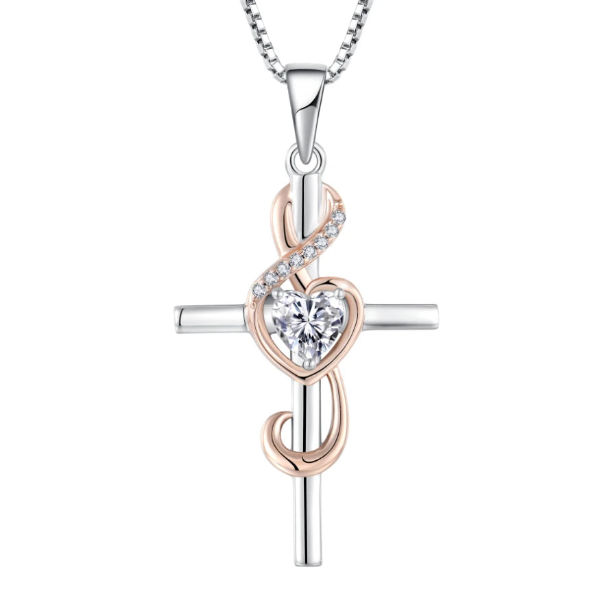 925 Sterling Silver Cross Music Note Pendant Necklace With Heart CZ Stone