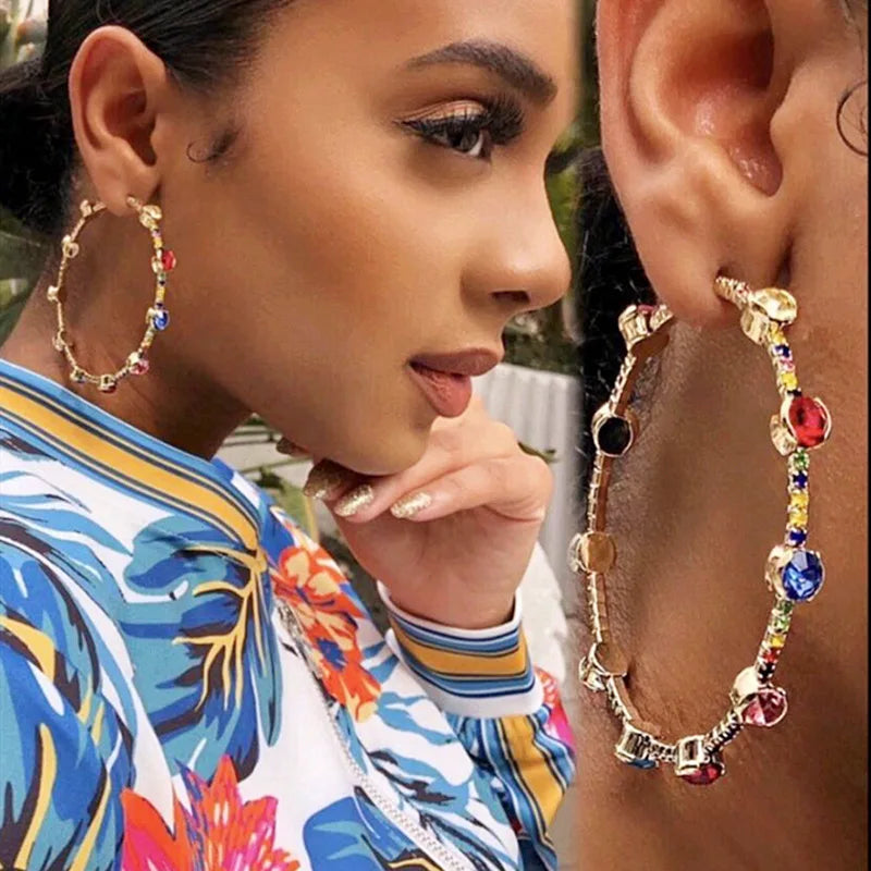New New Arrival Shiny Rhinestone Gems Hoop Earrings Colorful Rhinestone Statement Big Hoop Earrings for Women