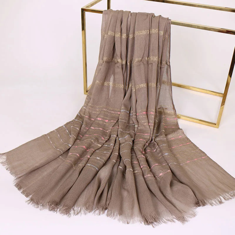 2024 New Design Cotton Hijab Scarf Gold Line Glitter Scarf Plain Cotton Muslim Women Shawl Hijab