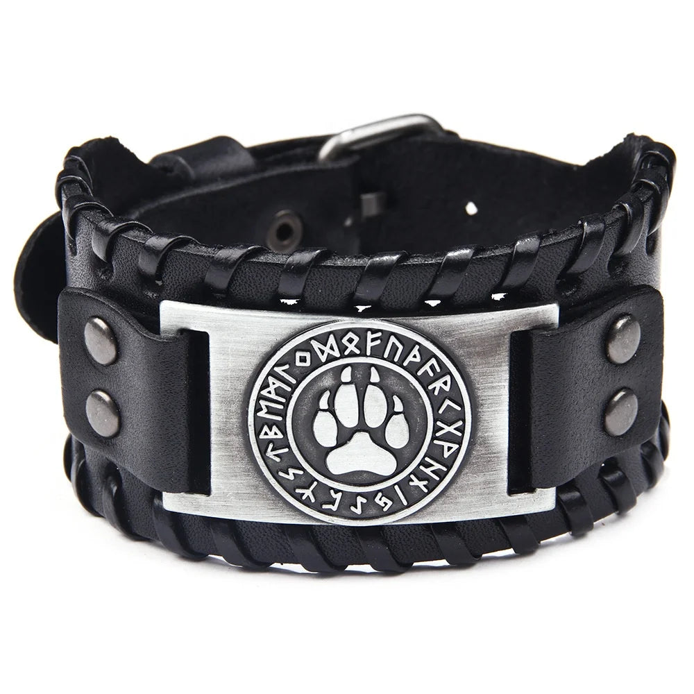 MECYLIFE Nordic Viking Cuff Bracelet Viking Bear Paw Print Leather Armband Mens Vintage Viking Runes Bracelet