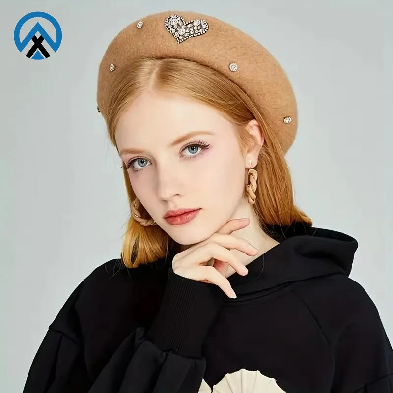 2026 New Fashion Preppy Casual Beret Hat for Women Wool Heart Rhinestone Design Knitted Pattern Denim Cashmere Material Winter