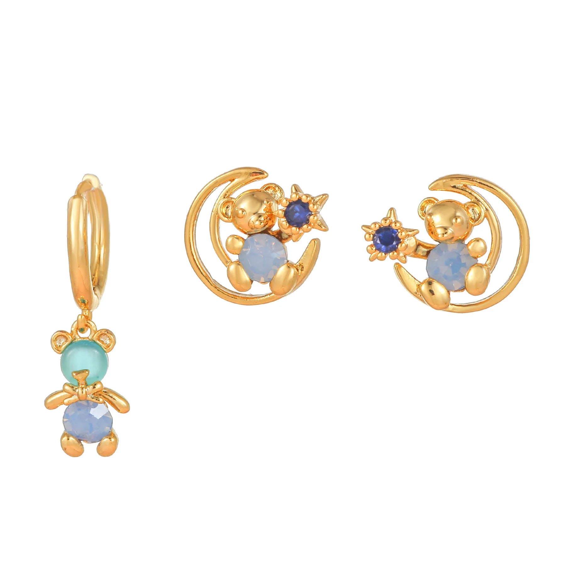 Korean No Fade Bear Huggies Earrings 3pcs Set Style Design Artistic Sense Earrings 18K Gold Plated Hoop Earrings Stud for Women