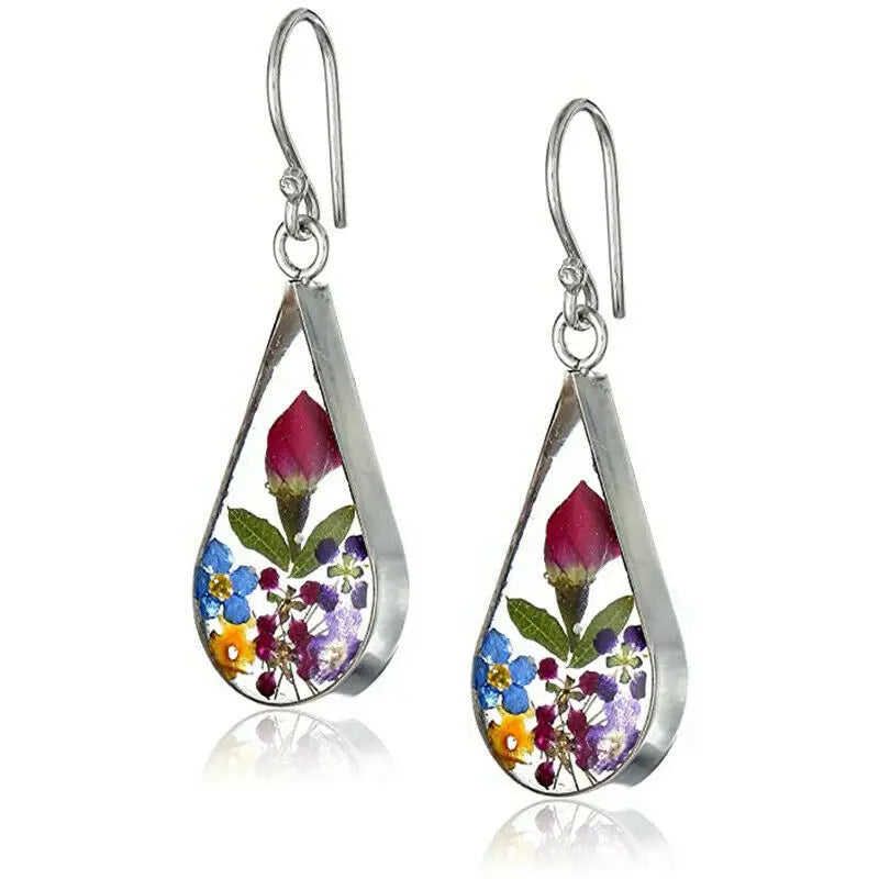 Women's New Transparent Rose Drop Earrings Dried Flower Resin in Water Drop Shape Fashionable Accessory