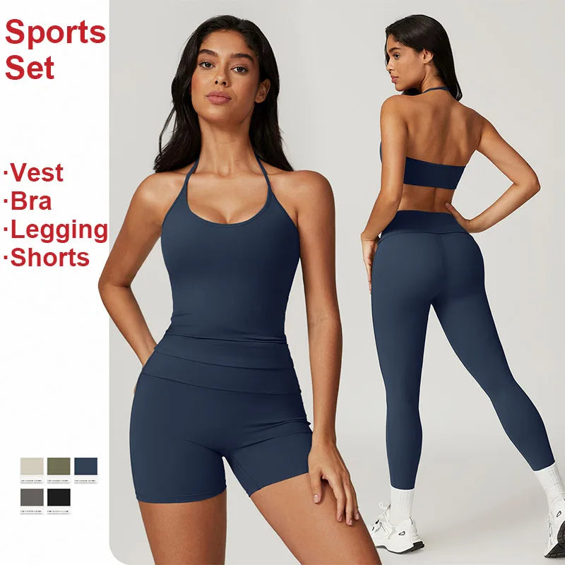 CNSHELL Custom Logo Tight Halter Bra Top Shorts Flared Leggings Yoga Fitting Fitness Running Gym 2 PCS Set