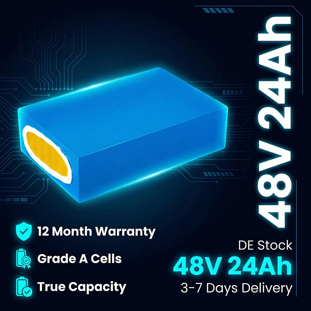 48V 24Ah Ebike Battery German Stock 3000mAh 13s8p Lithium Pack with 50A BMS 4A XT60 Fast Charging for Fat Tire MTB