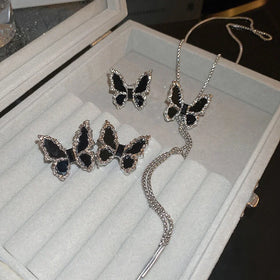3 PCS/Set Butterfly Necklace Earrings Rings Charm Pendant Women Black Diamond Butterfly Jewelry Set
