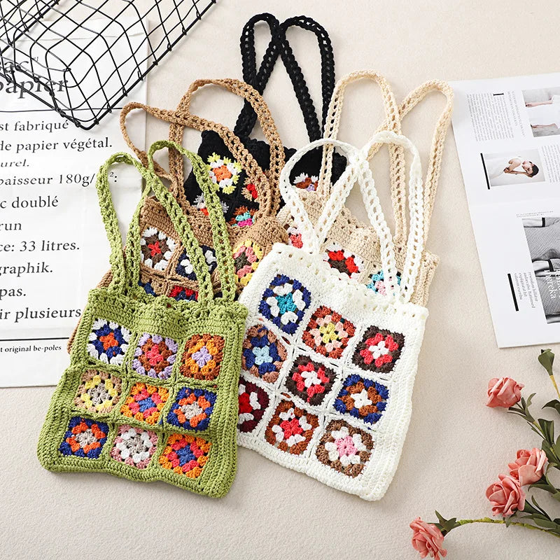 Bohemian Crochet Women Shoulder Bags Granny Square Tote Bag Knitted Handbags Handmade Woven Summer Beach Bag