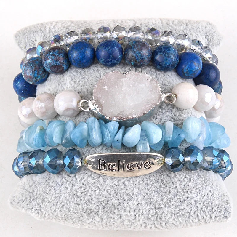 Women Alloy Cactus Charm Elastic Strand Natural Gemstone Stretch Bracelet Chip Stone Believe Letter Druzy Stack Bracelet Set