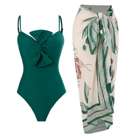 NEW STOCK 6Colors Twist Front Bow One Piece Swimwear Women's Two Pieces Swimsuit Beach Sarong CoverUp