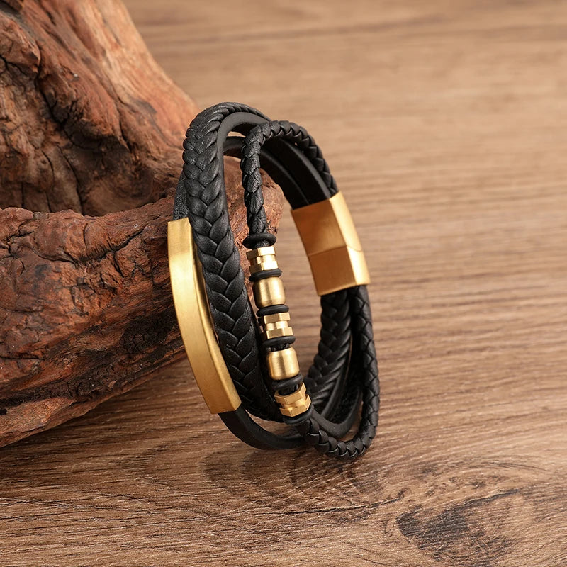 Wholesale Leather Bracelet Jewelry Gold Plated Stainless Steel Multi-strand Man Leather Bracelet
