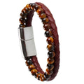 Stainless Magnetic Button Tiger Eye Stone Beads Leather Bracelet for Men ST277