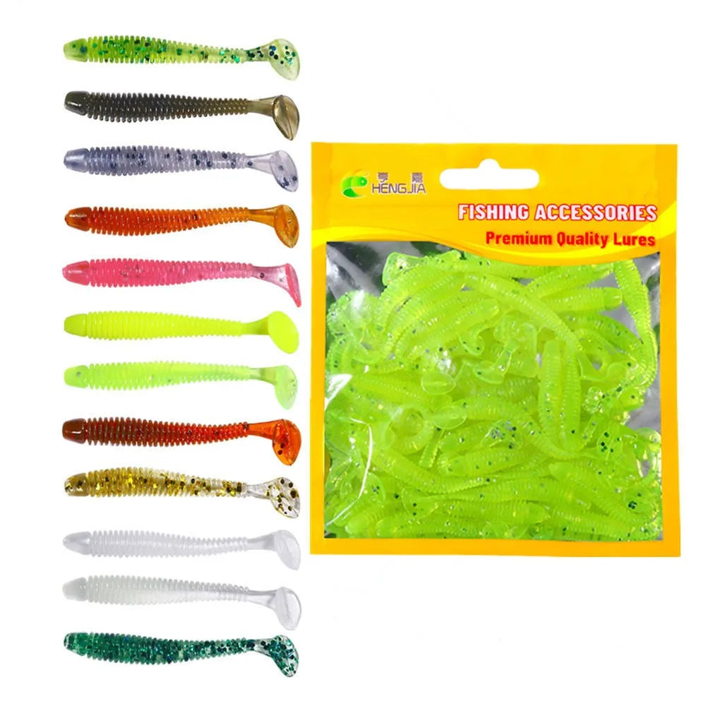 Wholesale SO033 5.5cm 0.6g 50pcs/bag Artificial Soft Plastic Worm Baits Fishing Lures with Paddle Tail