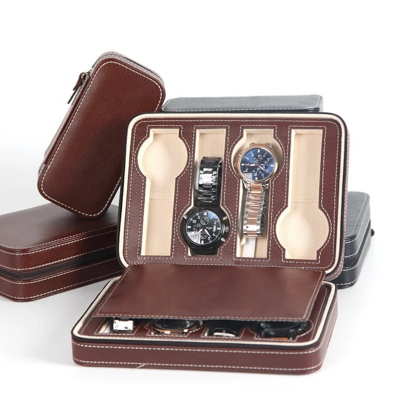 Custom Logo Luxury Portable Black Leather Display Watch Storage Box Elegant Travel Cases for 2 4 8 Watches Tools Gift Box